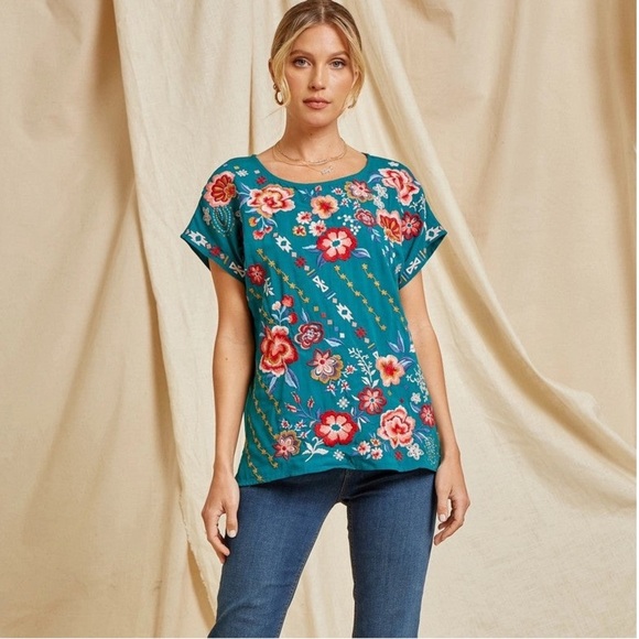 Savanna Jane Tops - Savanna Jane Teal Classic Dolman Sleeve Embroidered Top